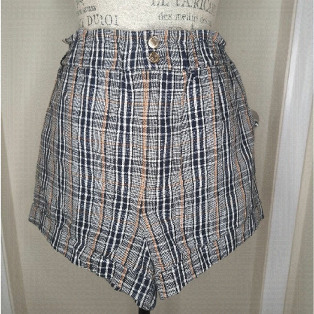Cotton Linen Plaid Paperbag Shorts